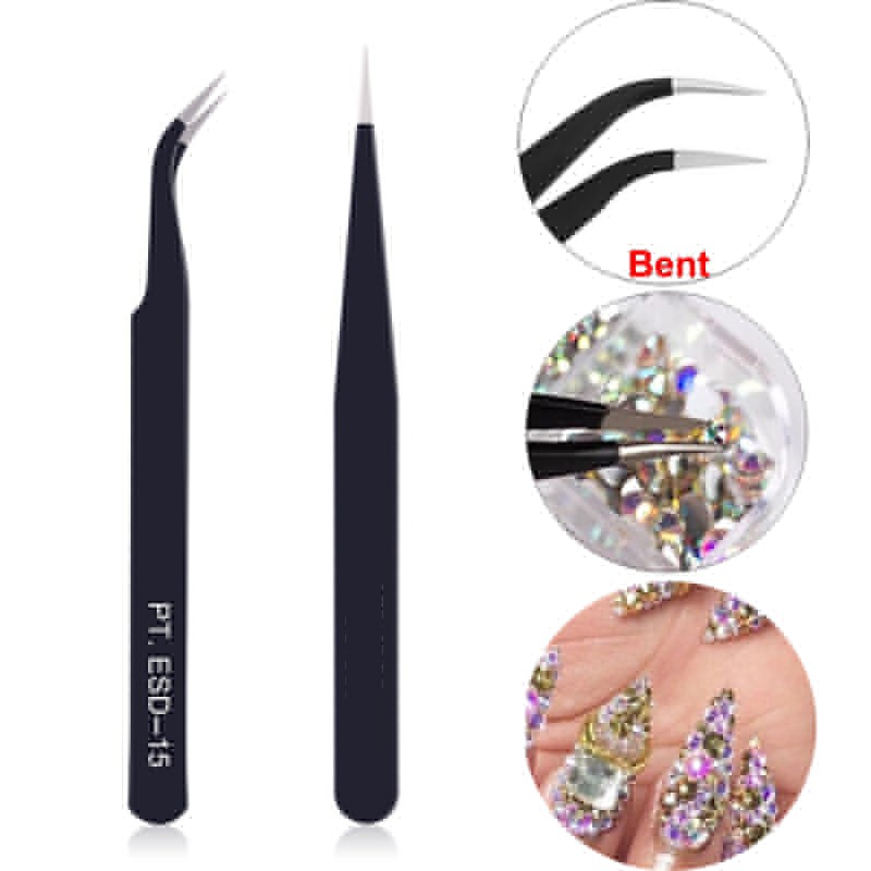 Rhinestone Nail Gem - 1 шт., изогнутый черный Пинцет для